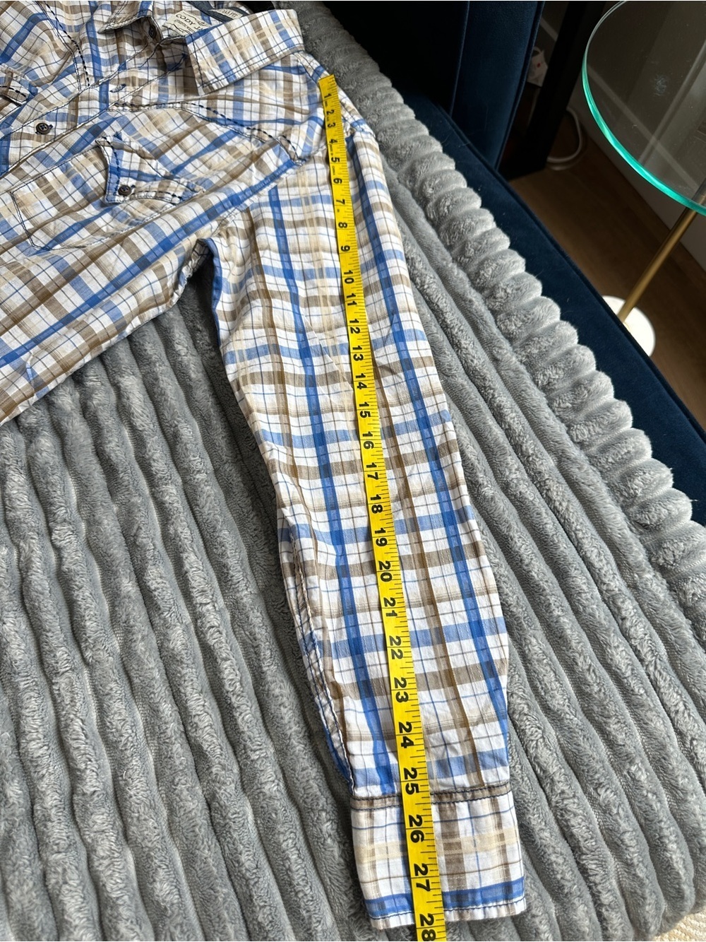 Blue, tan, and white plaid western button up shirt with detail stitching - Picture 8 of 8